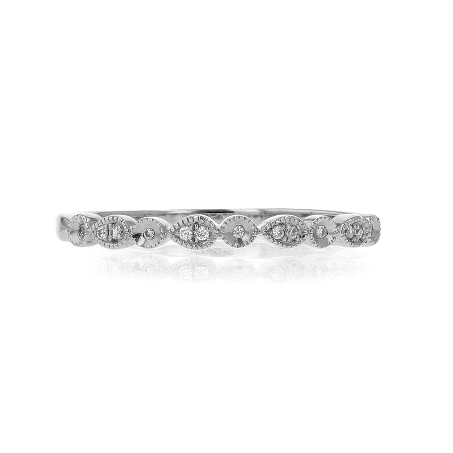 14K White Gold 0.03ct Full Cut Diamond Ring with Round and Pear Shaped Milgrained Boxes