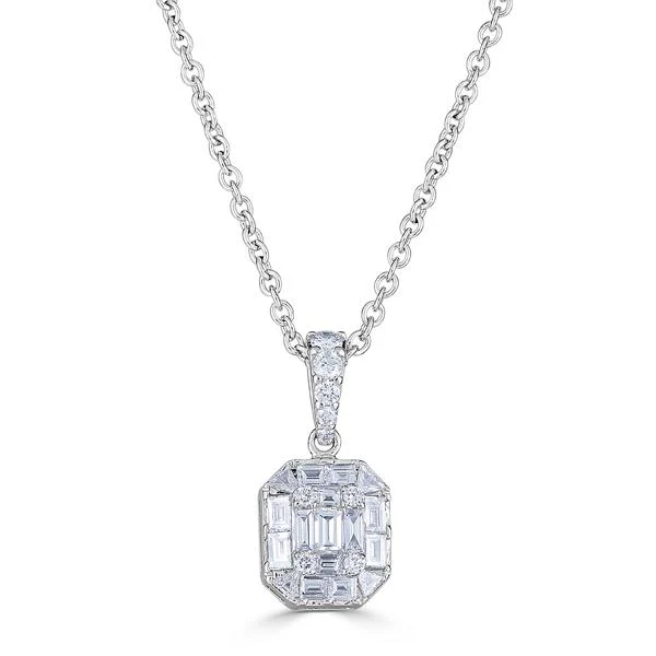 0.79ct Emerald Cut and Round Diamond Illusion Pendant in 18K White Gold, 16" chain