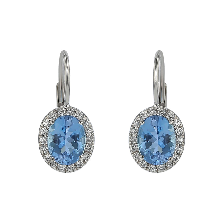 Aquamarine and Diamond Halo Drop Earrings in 18K White Gold
