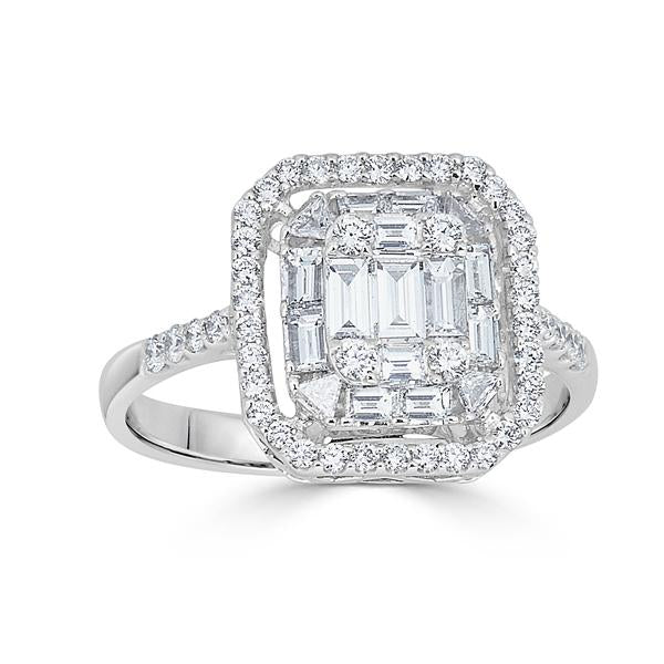 1.11ct Emerald Cut and Round Diamond Halo Illusion Ring in 18K White Gold, size 6.75