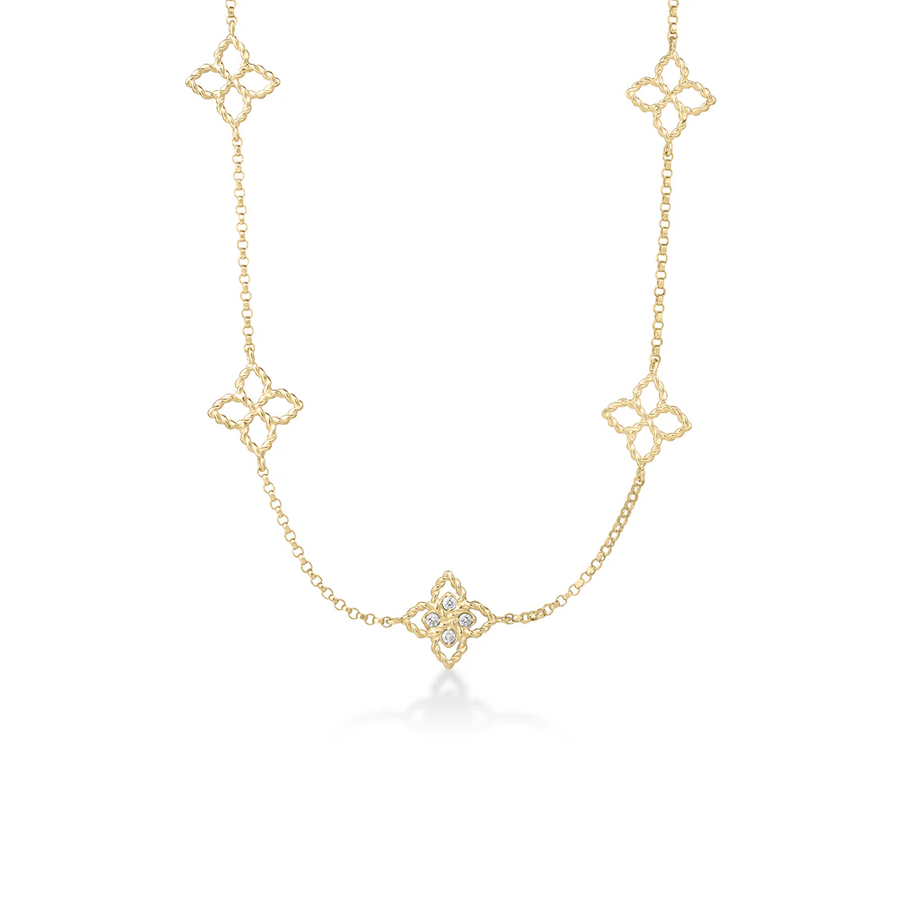 Princess Flower 0.03ct Diamond 11 Station Necklace in 18K Yellow Gold, 16-18"