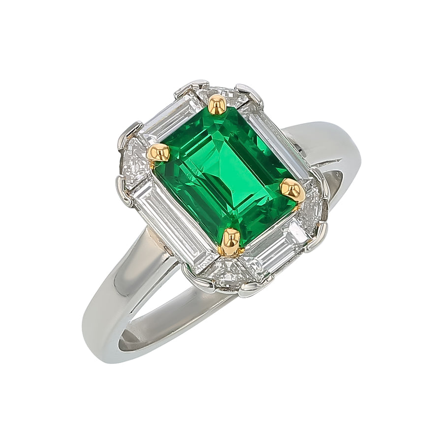 1.73ct Zambian Emerald and 0.77ct Diamond Halo Ring in Platinum and 18K Yellow Gold, size 6.5