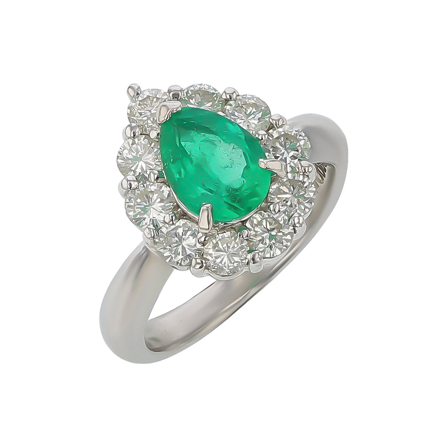 1.06ct Pear Shaped Emerald and 1.06ct Diamond Halo Ring in Platinum, size 5