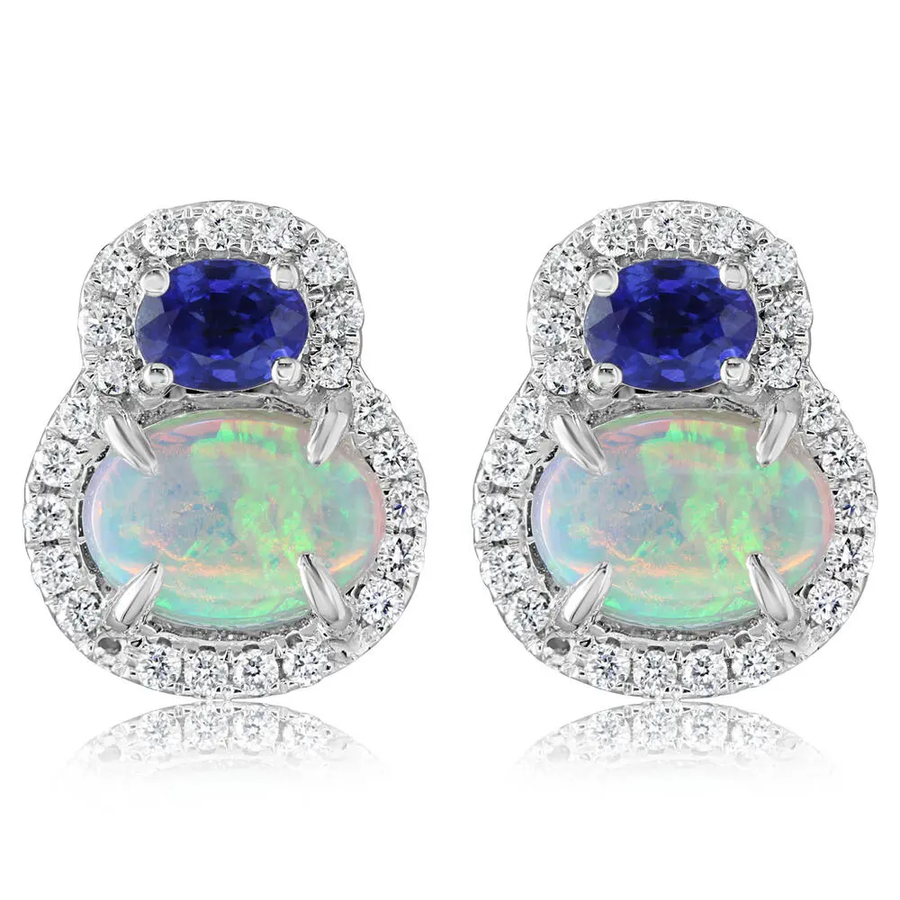 1.32ct Australian Opal, 0.44ct Sapphire and 0.28ct Diamond Halo Stud Earrings in 18K White Gold