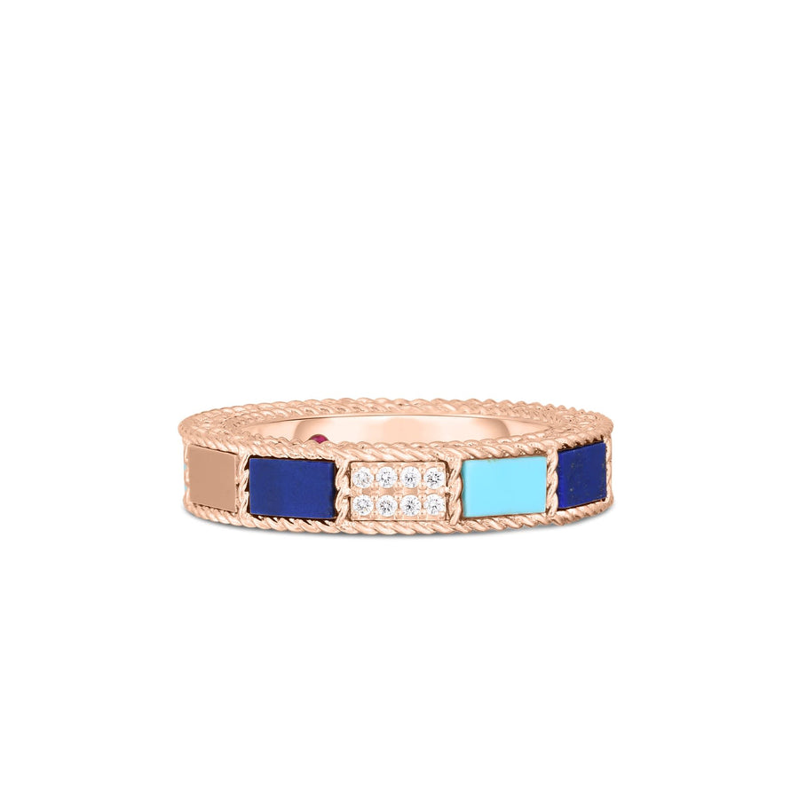 Mosaic 0.03ct Diamond, Lapis and Stabilized Turquoise Ring in 18K Rose Gold, Size 6.5