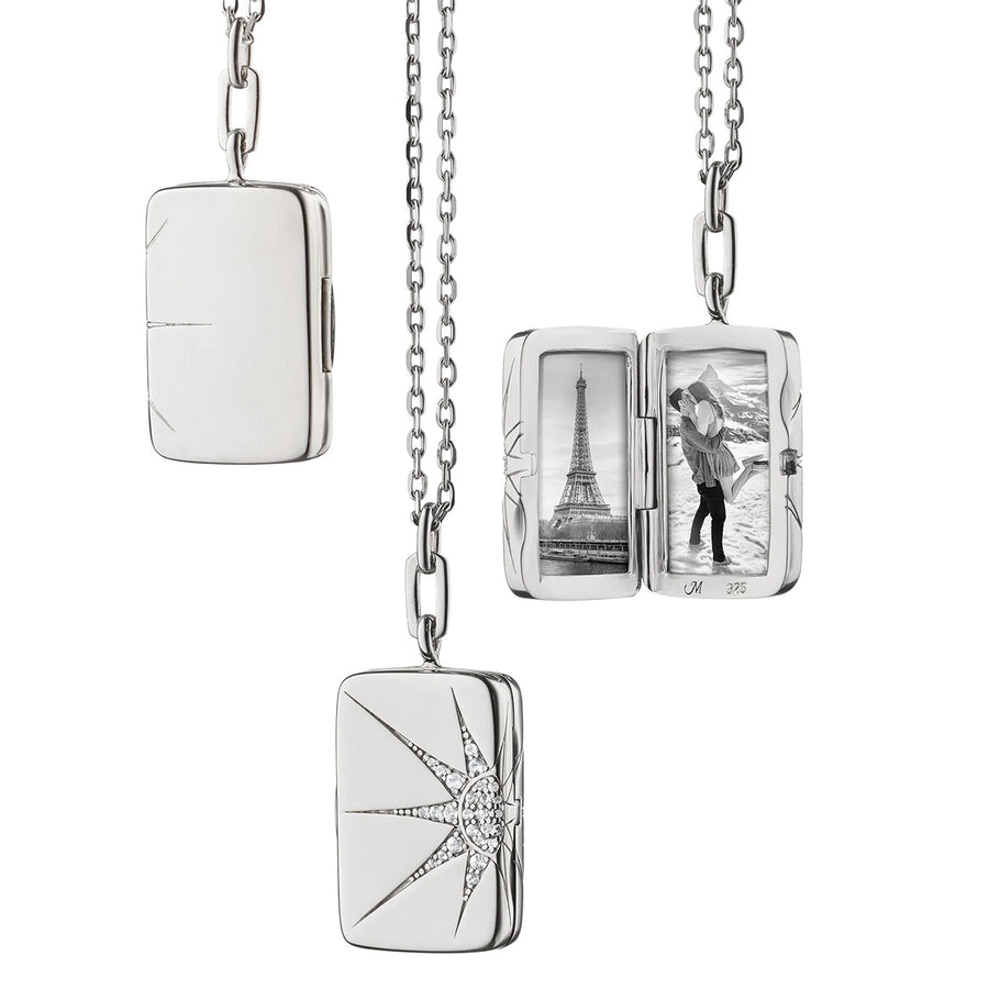 Sun Moon and Star 0.18ct White Sapphire Rectangle Locket in Sterling Silver, 30-32" chain