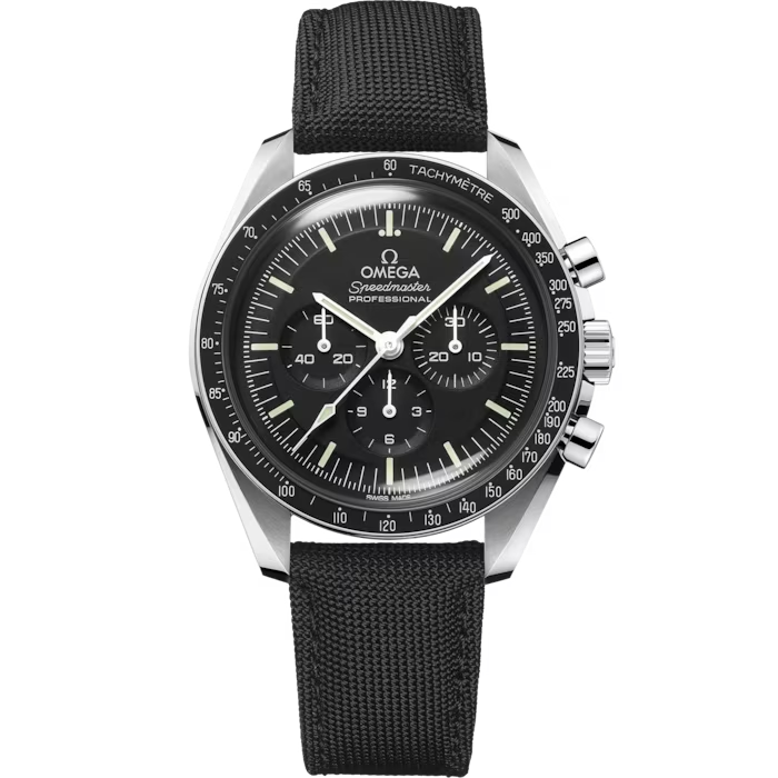42mm Speedmaster Moonwatch Professional Watch with Black Dial in Stainless Steel, Strap