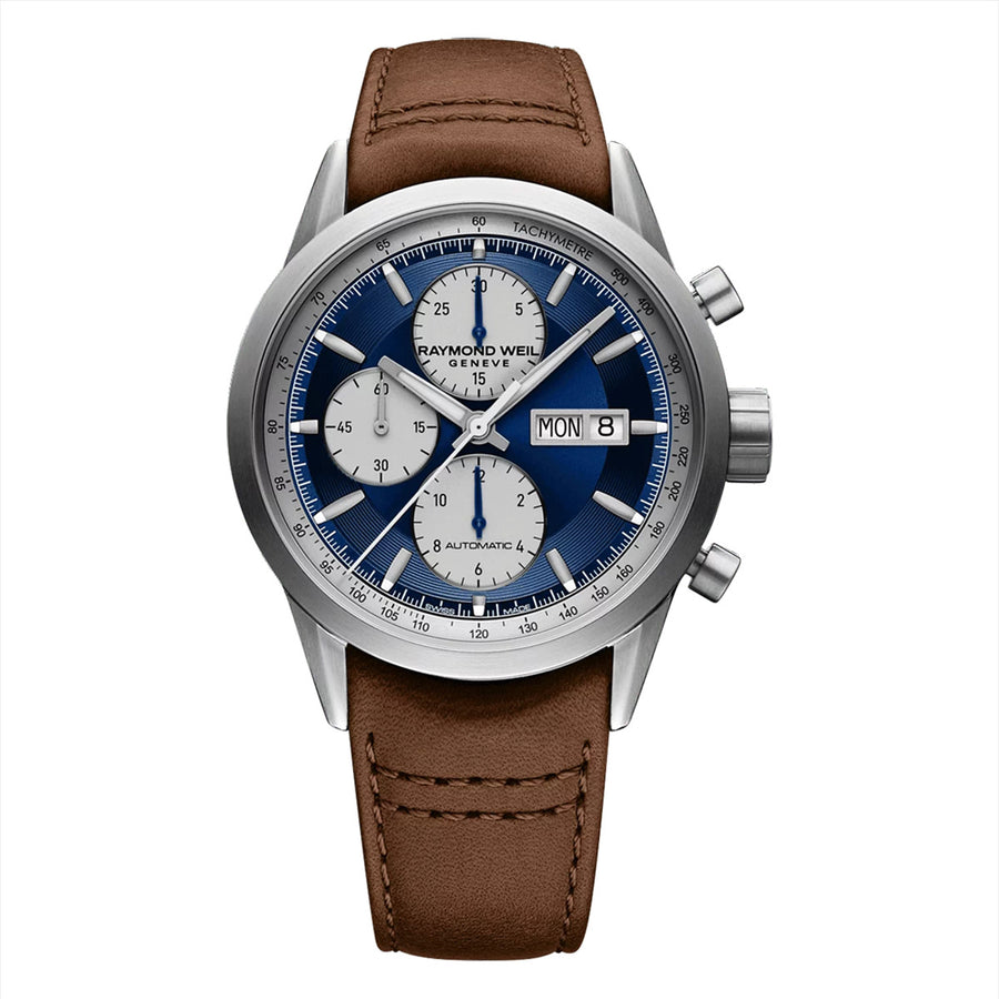 42mm Freelancer Men's Watch with Blue and White Dial in Stainless Steel, Calf Strap