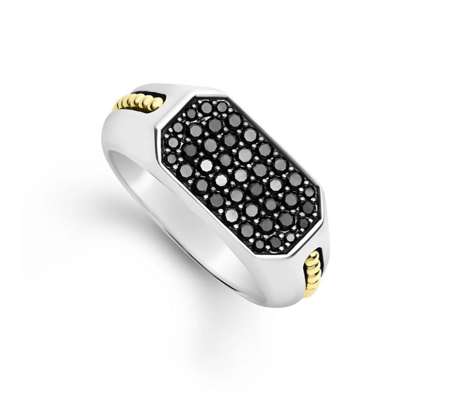 Anthem 0.74Ct Black Diamond Pave Octagon Ring in Sterling Silver and 18k Yellow Gold, Size 10