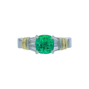 1.35ct Zambian Cushion Emerald and 0.35ct Diamond Ring in 18K Yellow Gold and Platinum, size 6