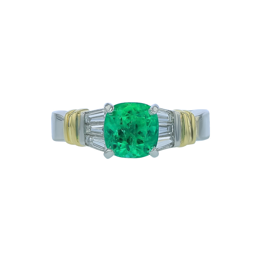 1.35ct Zambian Cushion Emerald and 0.35ct Diamond Ring in 18K Yellow Gold and Platinum, size 6