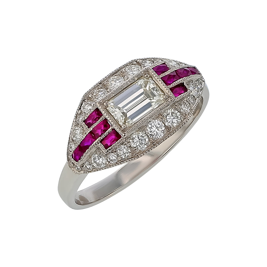 0.49ct Emerald Cut Center Diamond and 0.36ct Diamond and 0.79ct Ruby Ring in Platinum, size 6.5