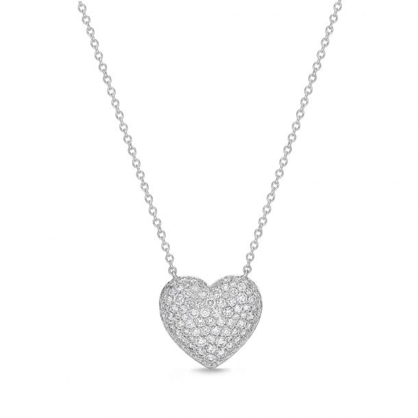 Pave Heart 0.46-0.53ct Diamond Necklace in 18K White Gold, 18in