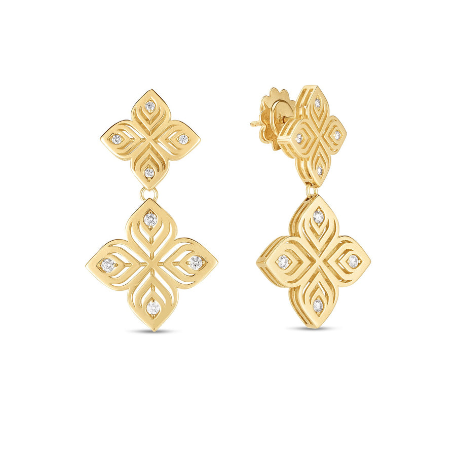 Arabesque 0.25ct Diamond Double Flower Dangle Earrings in 18K Yellow Gold