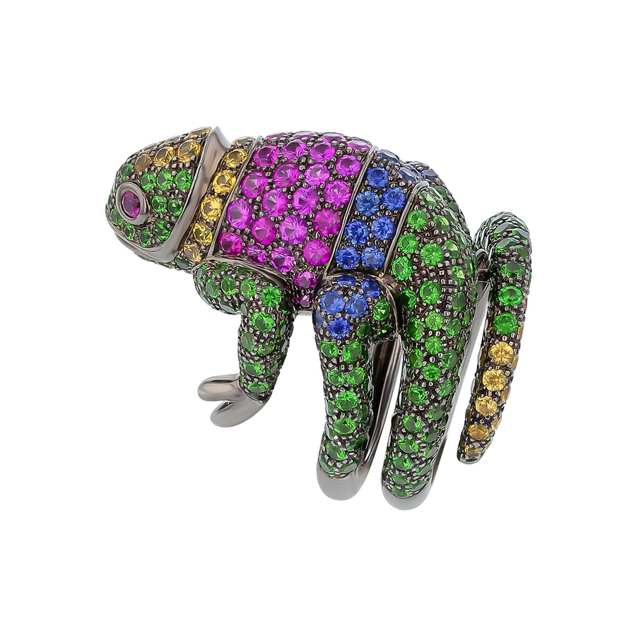 Boucheron Pink, Yellow and Blue Sapphire, Tsavorite, Garnet and Ruby Chameleon Ring in 18K Blackened Gold, size 5.5
