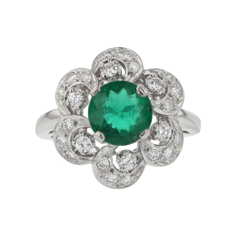1.32ct Round Emerald and 0.70ct Diamond Halo Ring in Platinum, 1960s, size 5.5