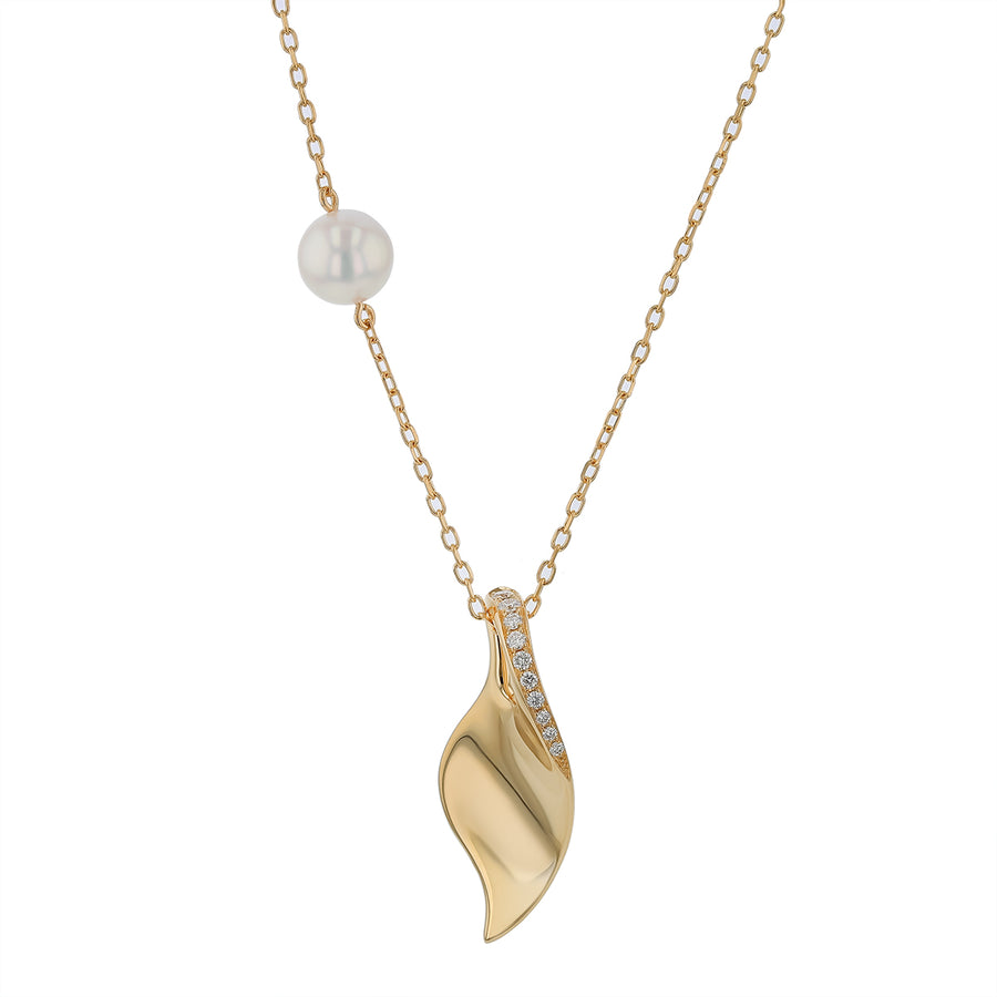 Classic Akoya A+ Pearl and 0.10ct Diamond Leaf Pendant and Single Pearl Station in 18K Yellow Gold, 21-24" chain