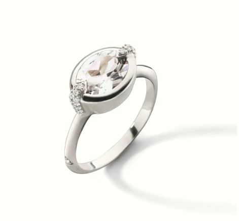 Points North Oval Rock Crystal and Round White Sapphire Ring in Sterling Silver, Size 7