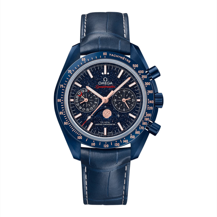 44.25mm Speedmaster Moonphase Blue Side of the Moon Watch with Blue Dial in Blue Ceramic Strap