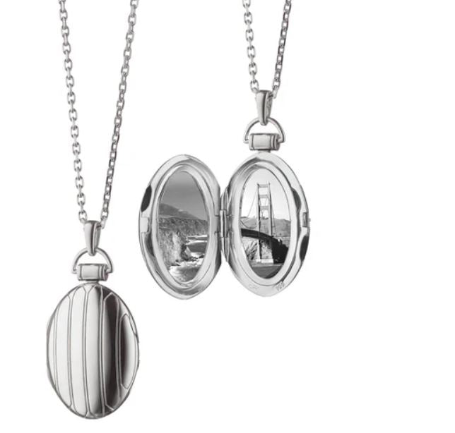Classic Oval Pinstripe Locket on Chain in Sterling Silver, 32" chain