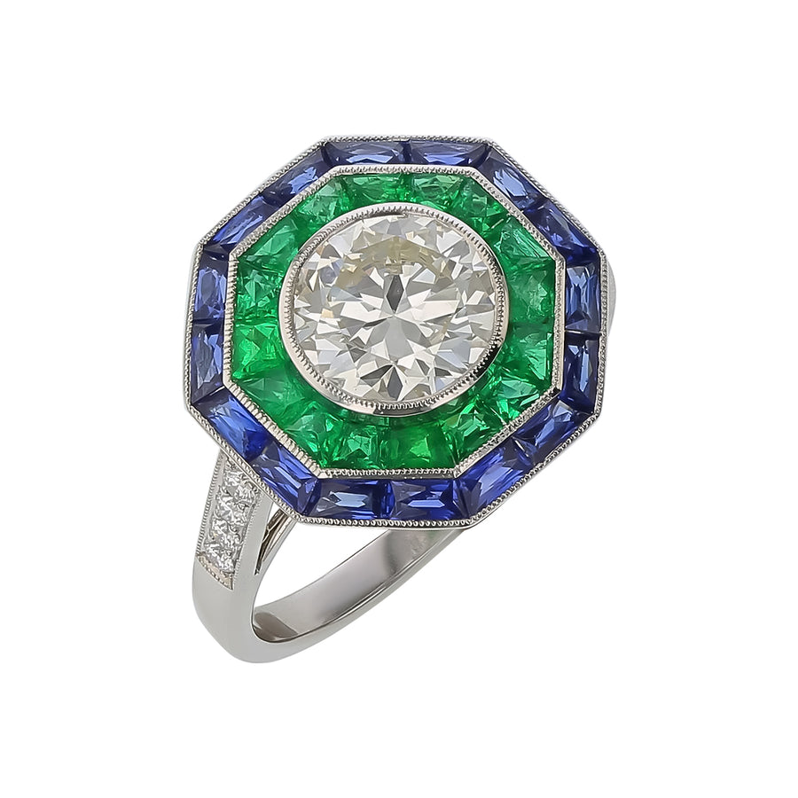 1.46ct OEC Diamond, 0.65ct Sapphire and 0.64ct Emerald Double Halo Hexagon Ring in Platinum, Size 6.25