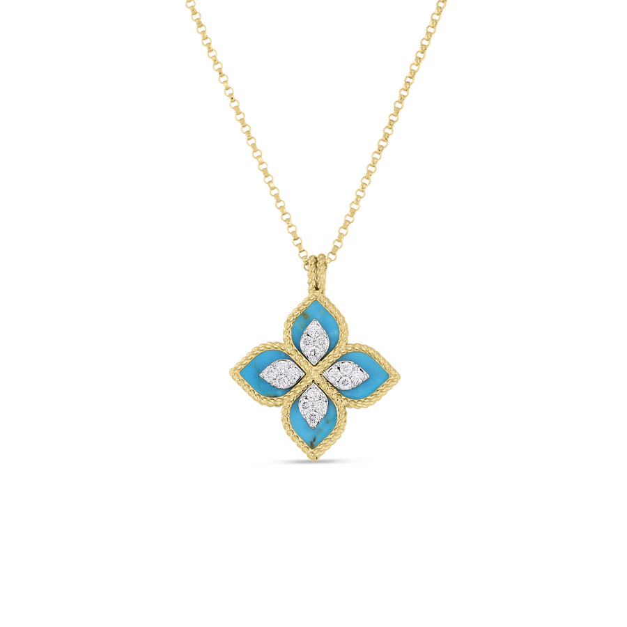 Venetian Princess 0.15ct Diamond and Stablized Turquoise Pendant in 18K Yellow Gold, 18" chain