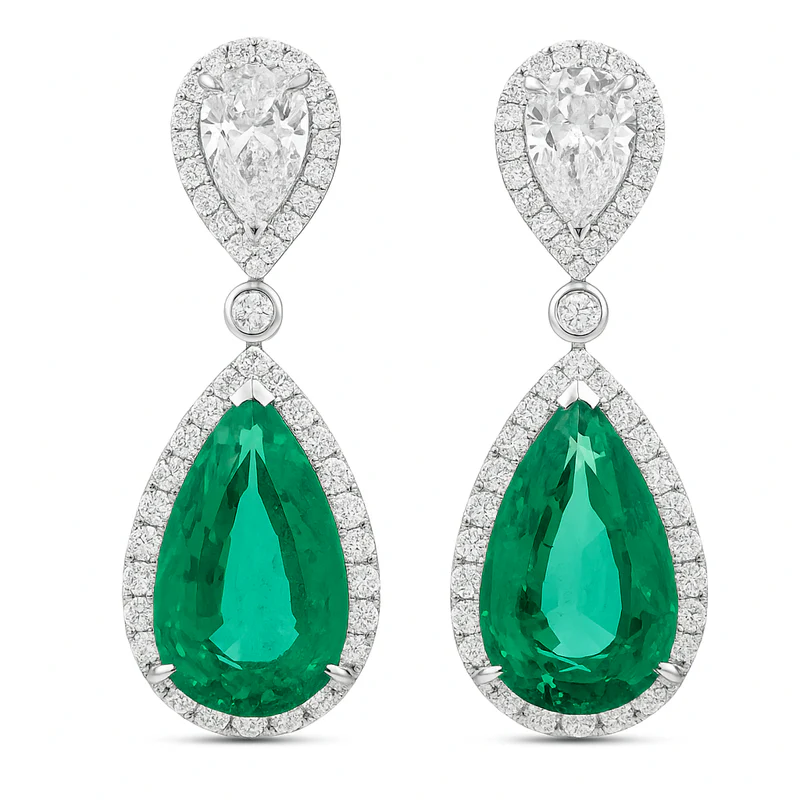 7.14ct Pear Shape Emerald, 1.02ct Pear Shaped Diamond and 0.91ct Round Diamond Halo Drop Earrings in 18K White Gold