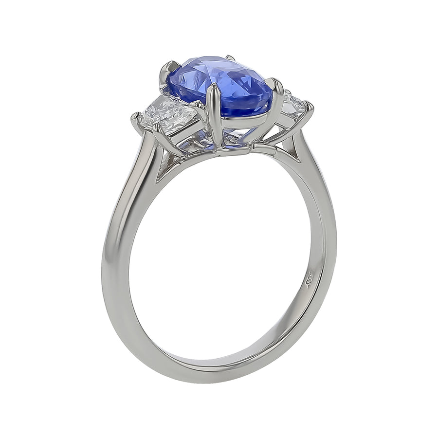 3.14ct Oval Ceylon Sapphire and 0.71ct Diamond 3 Stone Ring in Platinum, Size 6.5