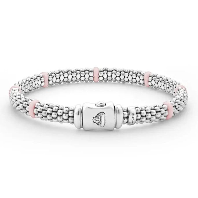 Pink Caviar 6mm 7 Station Beaded Rope Bracelet in Sterling Silver and Ceramic, Size 7.5