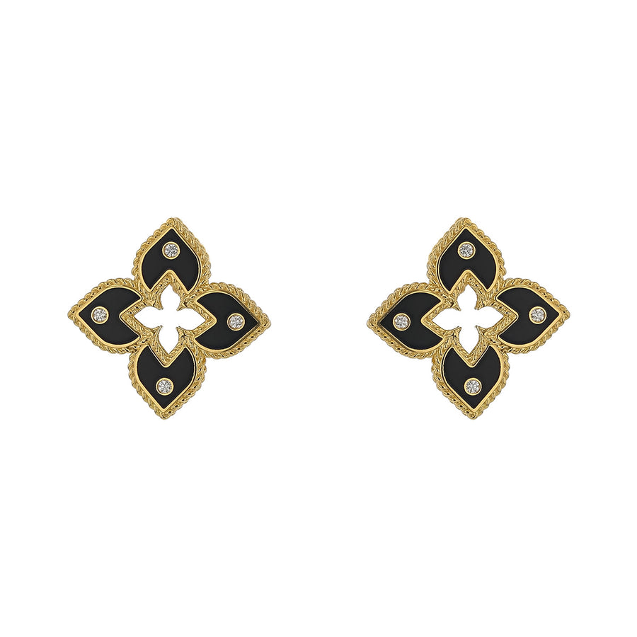 Venetian Princess 0.04ct Diamond Stud Earrings in 18K Yellow Gold and Black Enamel