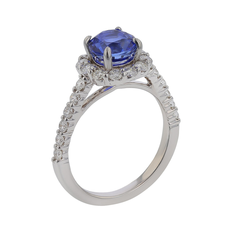 1.95ct Round Sri Lankan Sapphire and 0.68ct Full Cut Diamonds Halo Ring in 14k White Gold Size 6.5