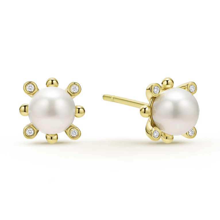 Luna 6mm Pearl and 0.04ct Diamond Stud Earrings in 18K Yellow Gold