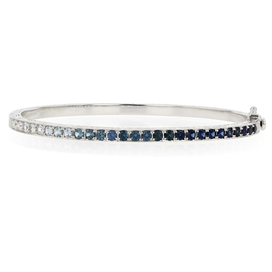 Round Ombre Blue Sapphire Hinged Bangle 18K White Gold