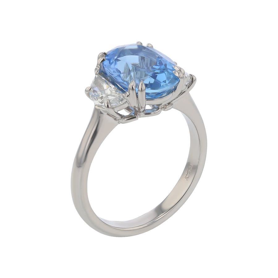 3.28ct Oval Brazilian Aquamarine 0.69ct Half Moon Diamonds 3 Stone Ring in Platinum, Size 6.5