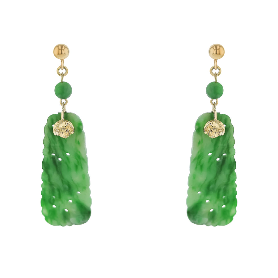 Dyed Green Jade Carved Drop Earrings in 14K Yellow Gold
