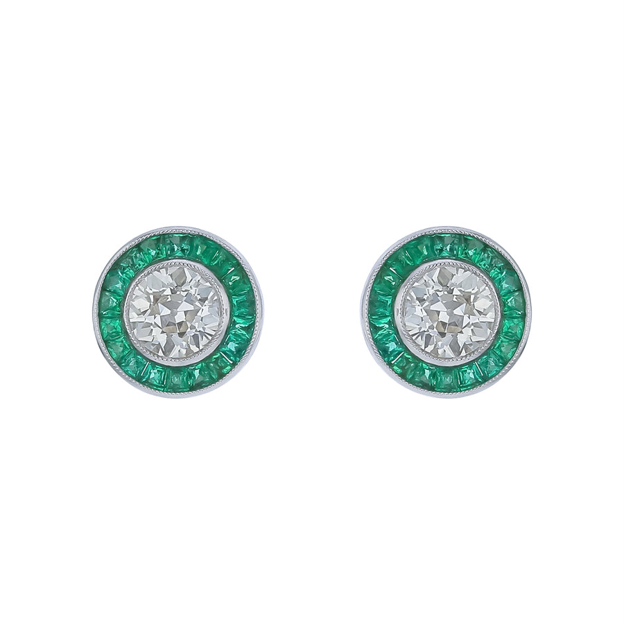 2.00ct Old European Cut Diamond and 0.83ct Emerald Halo Stud Earrings in Platinum
