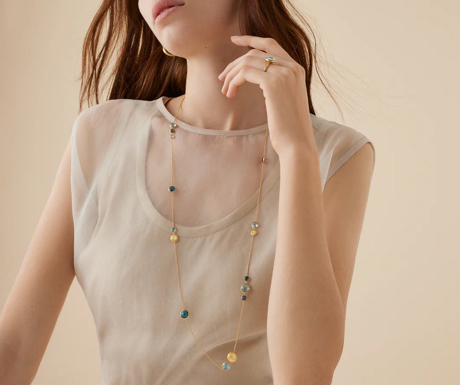 Jaipur Mixed Blue Topaz Bezel Necklace in 18K Yellow Gold, 36"