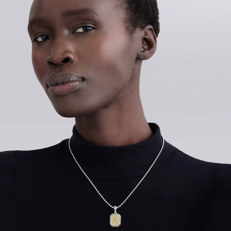Signature Caviar 0.04ct Diamond Octagon Initial "L" Pendant in 18K Yellow Gold and Sterling Silver, without chain