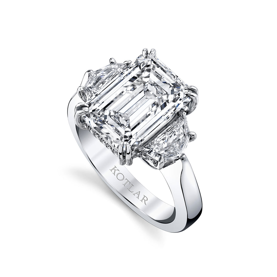 Hearts and Arrows 2.80ct Emerald Cut Diamond 0.31ct Epaulette and 0.12ct Round Diamond Ring in Platinum
