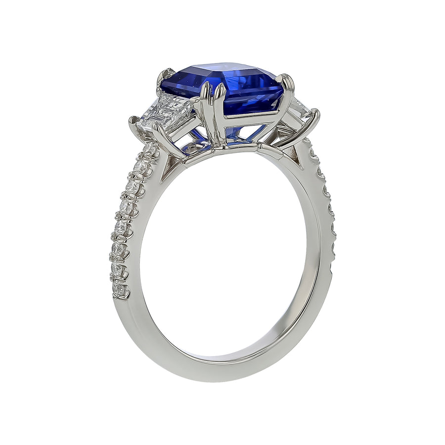 3.87ct Sri Lankan Sapphire 0.83ct Diamond 3 Stone Ring in Platinum, size 6.75