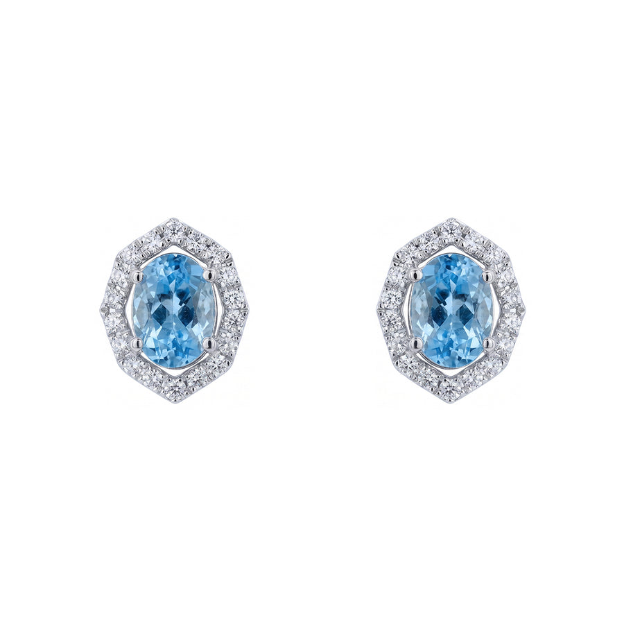 1.65ct Oval Aquamarine and 0.25ct Diamond Halo Stud Earrings in 14K White Gold