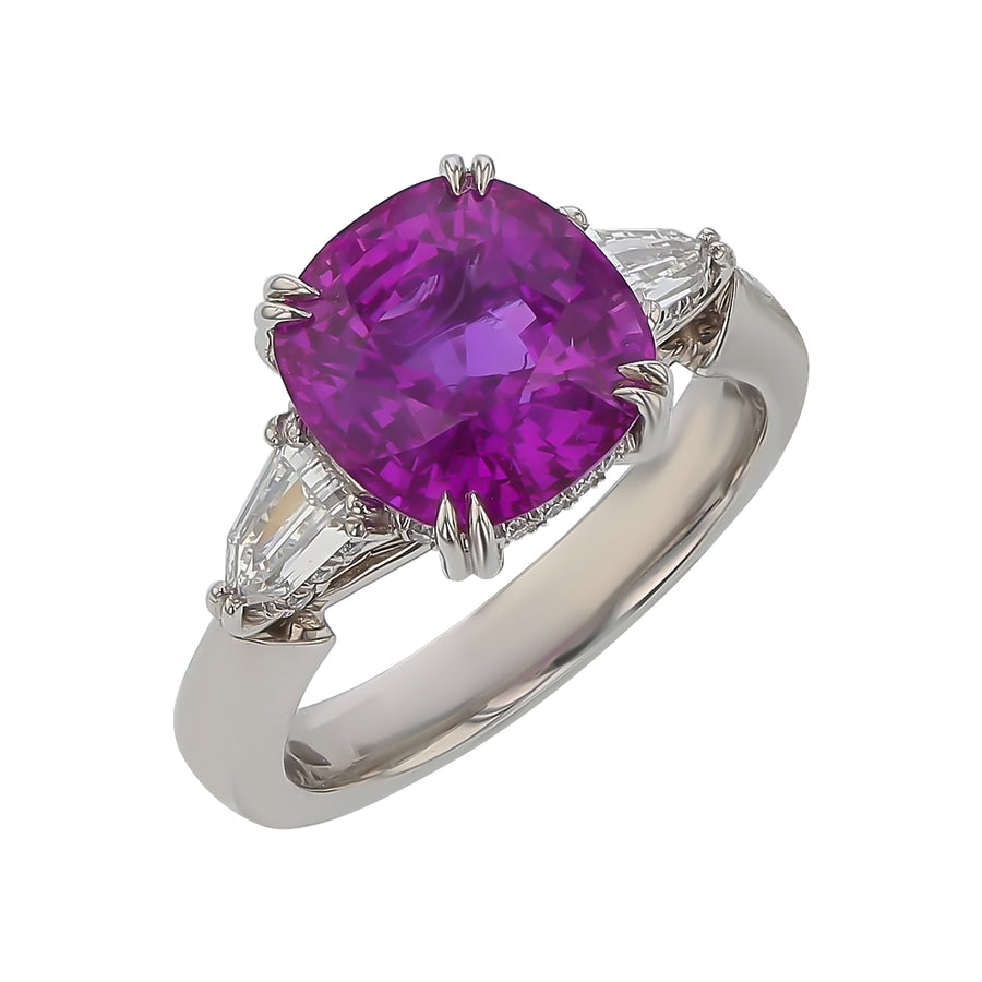 4.95ct Cushion Pink Sapphire, Heated and 0.57 Bullet and Round Diamond 3 Stone Ring in Platinum