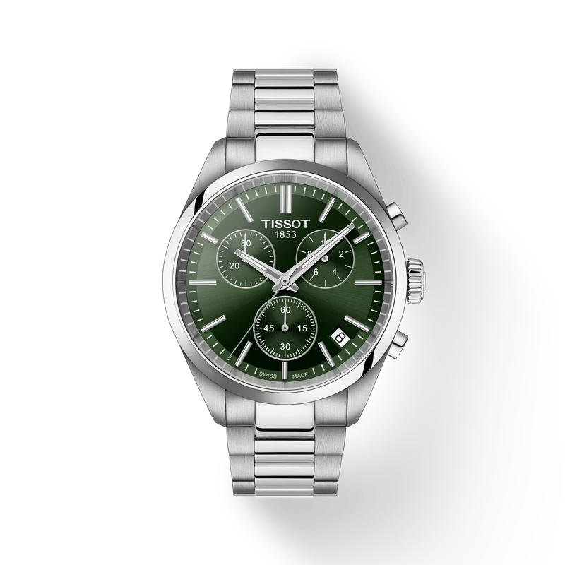 40mm PR 100 Chronograph Watch with Green Dial in Stainless Steel, Bracelet