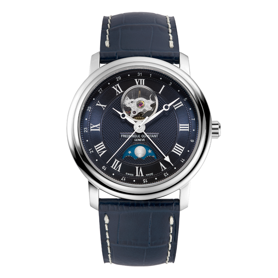 40mm Classics Heart Beat Moonphase Watch with Blue Dial in Stainless Steel, Blue Leather Strap