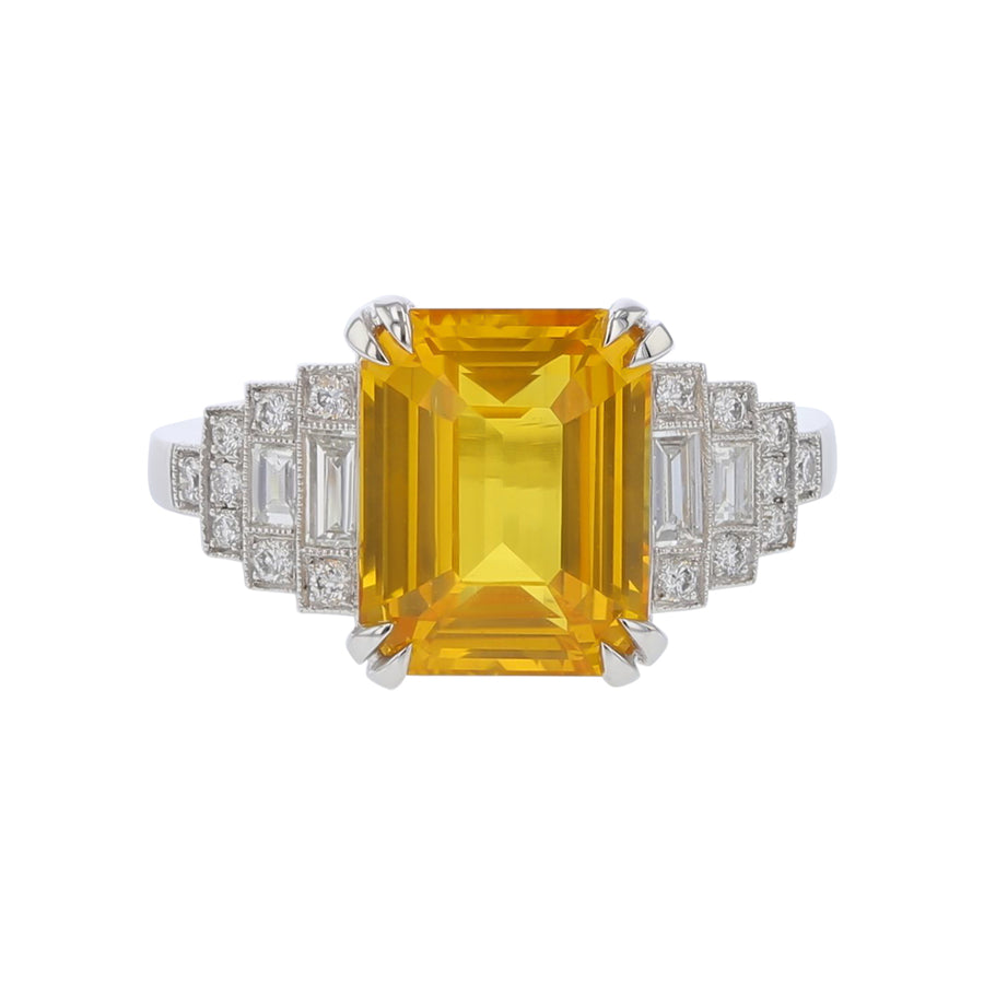 PLATINUM 1 EMERALD CUT YELLOW SAPPHIRE=5.57CT, 4 DIAMONDS=0.22CTS, AND DIAMONDS=0.16CTS RING
