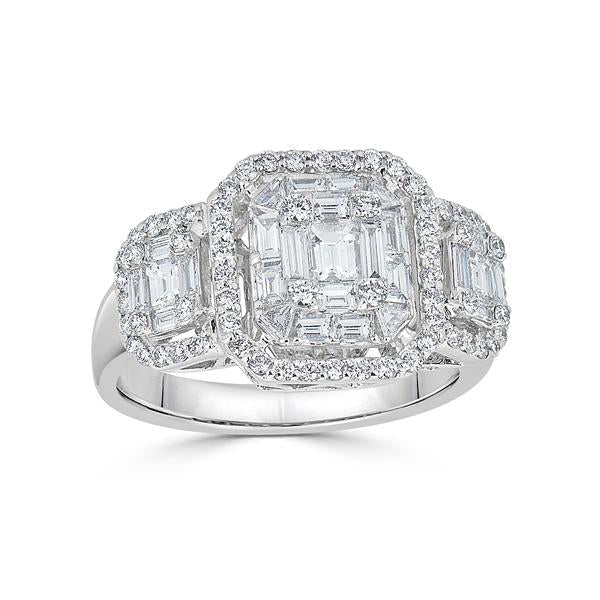 1.36ct Emerald Cut and Round Diamond Halo Illusion Ring in 18K White Gold, size 7