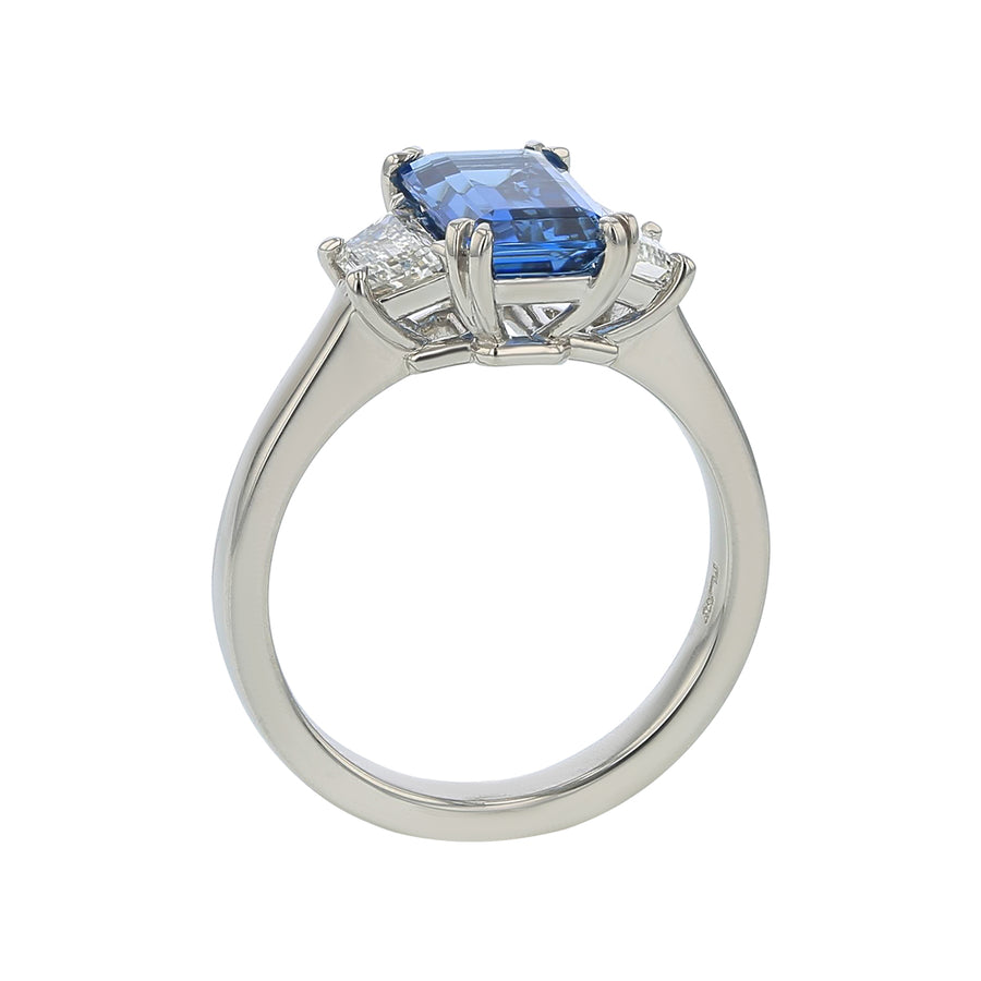 1.66ct Emerald Cut Mozambique Aquamarine and 0.53ct Diamond 3 Stone Ring in Platinum, Size 6