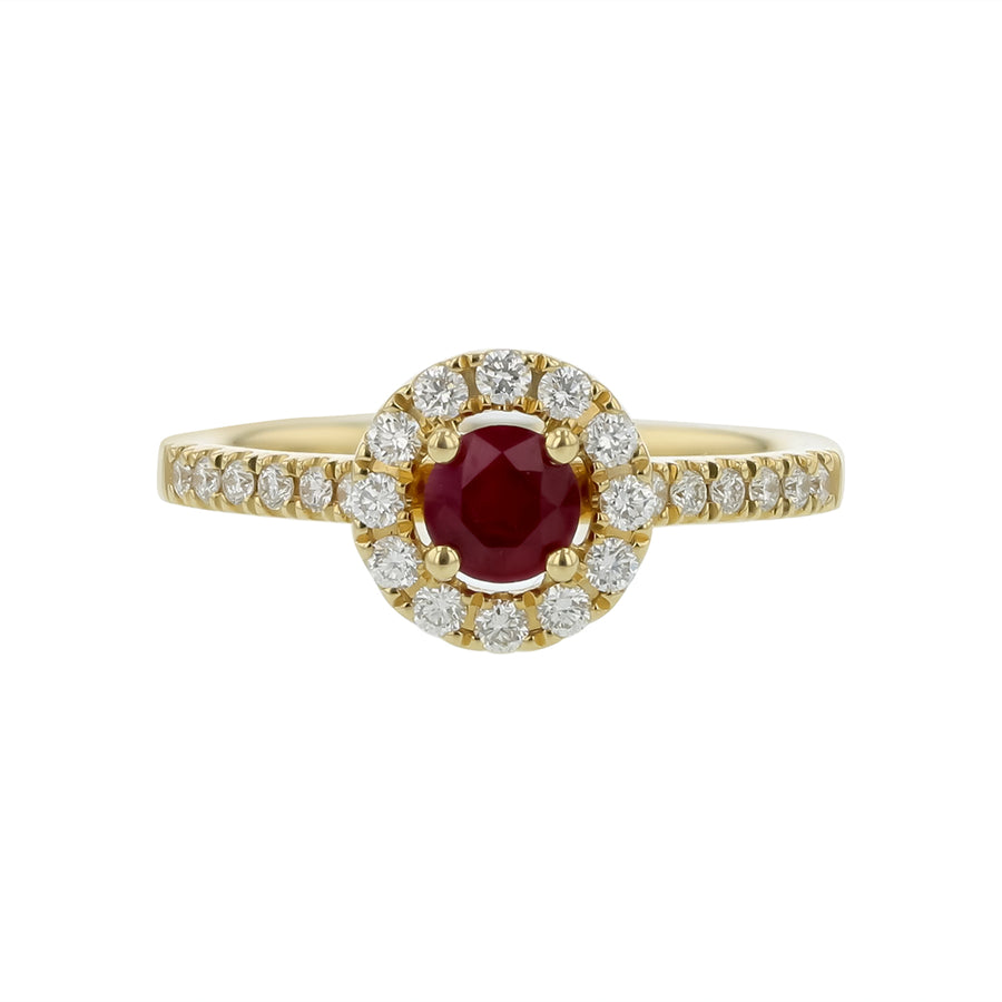 0.35ct Round Ruby and 0.30ct Diamond Halo Ring in 14K Yellow Gold