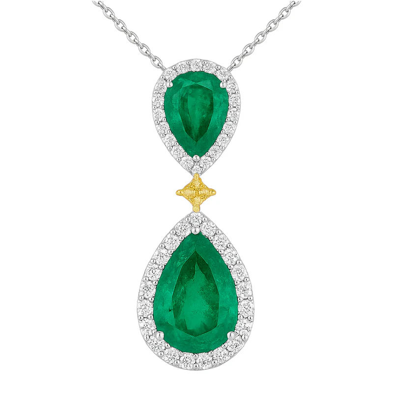 6.97ct Pear Cut Emerald, 0.91ct Round and Fancy Yellow Diamond HI/SI Pendant in 18K White & Yellow Gold, 16-18" chain