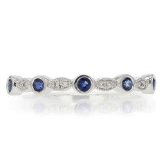 0.02ct Full Cut Diamonds and 0.19ct Tube Set Round Blue Sapphires Band in 14k White Gold